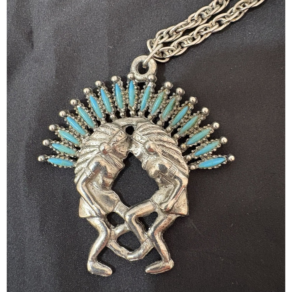 Necklace Faux Turquoise Native Headdress Pendant Silver Plate 14.5 inch Vintage